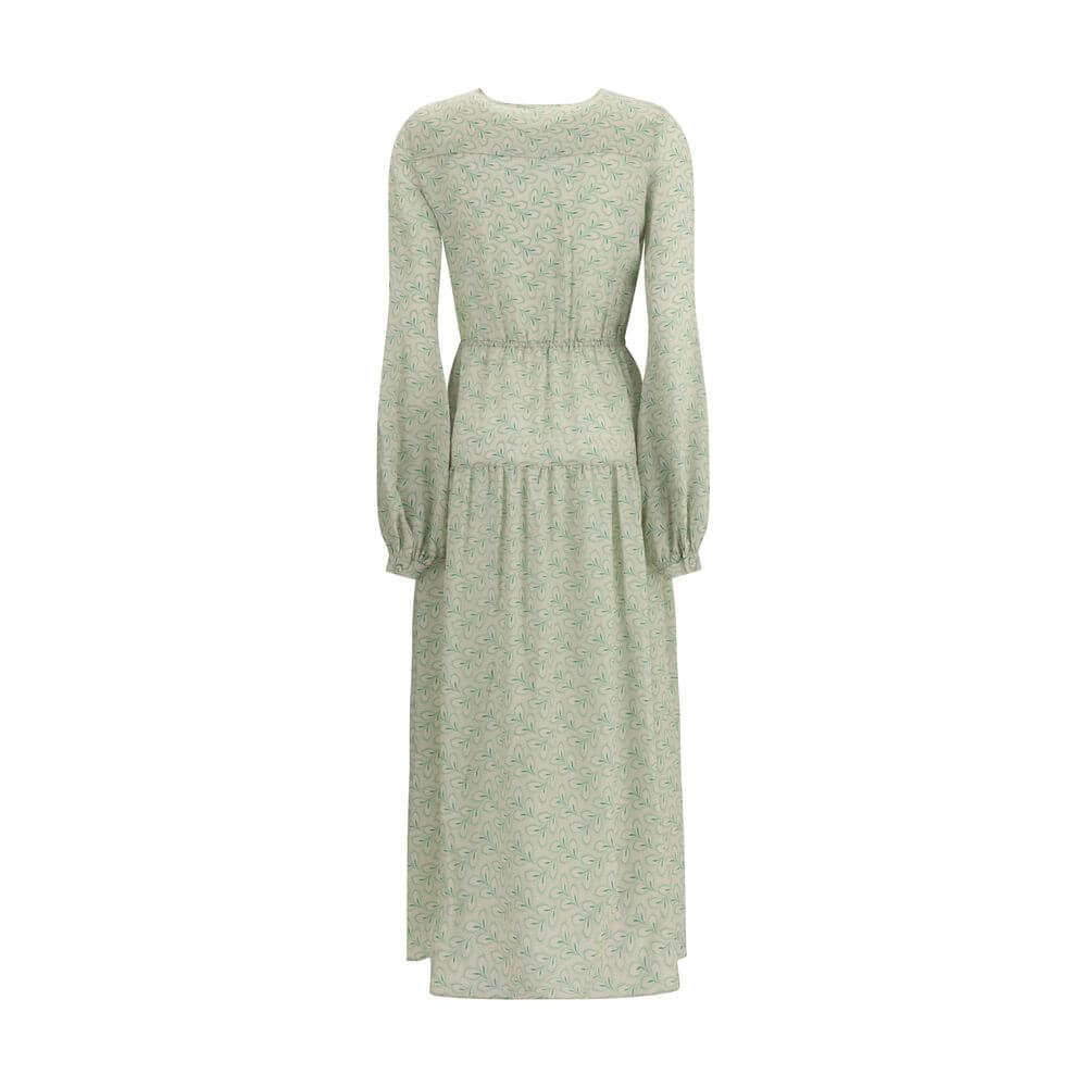 Kristina Ti Green Silk Long Dress with foliage print, elasticized waist, and mid-bust button closure, accented by feminine elegance.