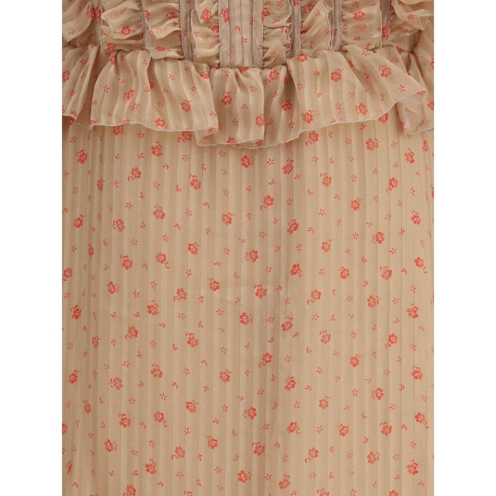 Kristina Ti Multicolor Silk Long Dress with vintage striped pattern and ruffles, featuring romantic flounces and semi-sheer fabric detailing.