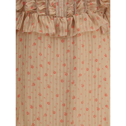 Kristina Ti Multicolor Silk Long Dress with vintage striped pattern and ruffles, featuring romantic flounces and semi-sheer fabric detailing.