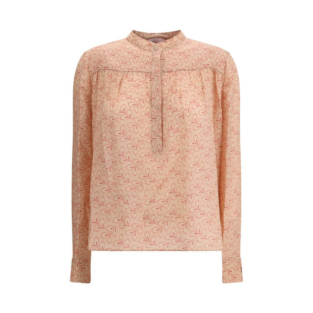 Kristina Ti Multicolor Silk Pattern Shirt with foliage print and stand-up collar for elegant and casual looks.