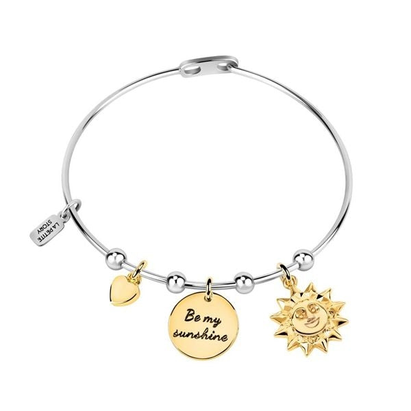 Silver bracelet with charms 'Be my sunshine', heart, and sun design from LA PETITE STORY JEWELRY Mod. LPS05ARR43.