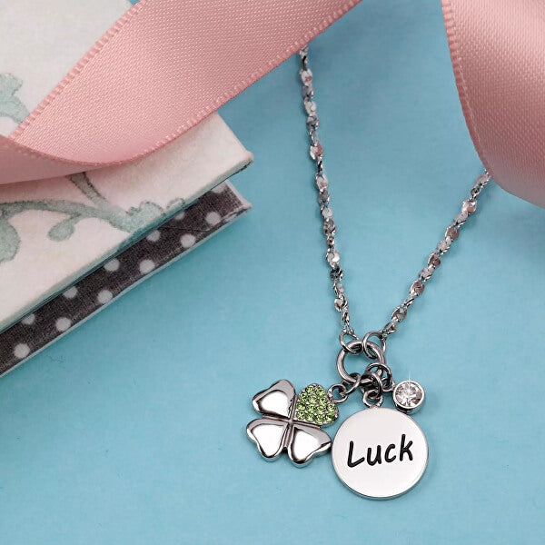 LA PETITE STORY JEWELRY Mod. LPS05ARR62 necklace with butterfly, luck charm, and crystal detailing on a ribbon backdrop.