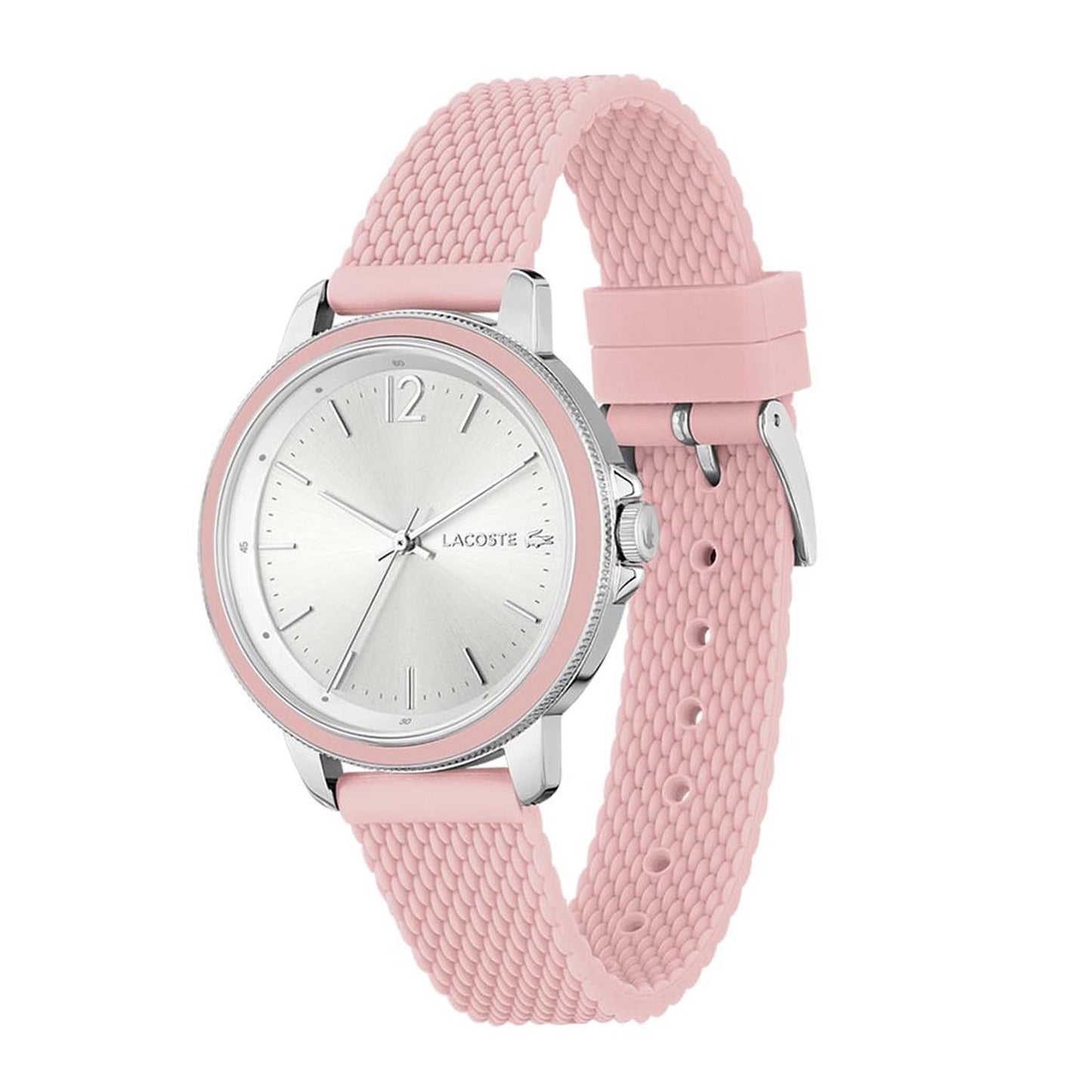 LACOSTE Mod. 2001201 ladies' quartz analog watch with pink bracelet and multifunction dial, water resistant up to 5 ATM, in official box.