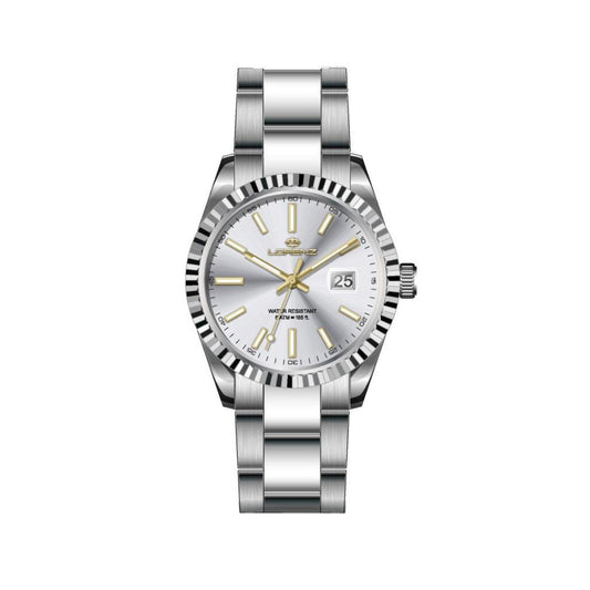 LORENZ MOD. 28190AA women's quartz wristwatch, silver stainless steel, 32mm case, mineral dial, date function, water-resistant 5 ATM.