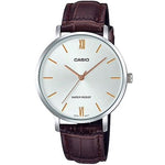 CASIO COLLECTION Mod. MINIMAL. LEATHER - SILVER wristwatch, silver case, leather strap, for gents, 3 ATM water resistance, 34mm stainless steel case.