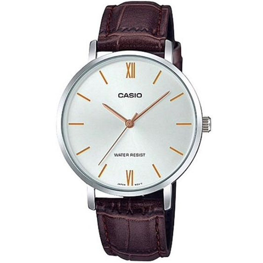 CASIO COLLECTION Mod. MINIMAL. LEATHER - SILVER wristwatch, silver case, leather strap, for gents, 3 ATM water resistance, 34mm stainless steel case.