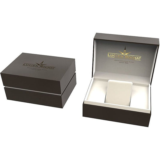 LUCIEN ROCHAT MOD. R0453120001 wristwatch packaging box open and closed with logo visible.