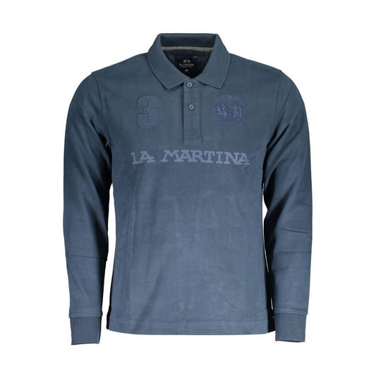 La Martina Blue Cotton Men Polo Shirt with embroidery and logo, long sleeves, showcasing sporty elegance and comfort in pure cotton.