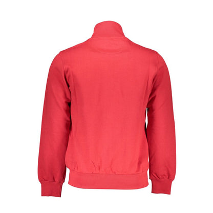 Back view of La Martina Red Cotton Men Sweater with classic zip-up design and iconic embroidery, ideal for an elegant casual look.