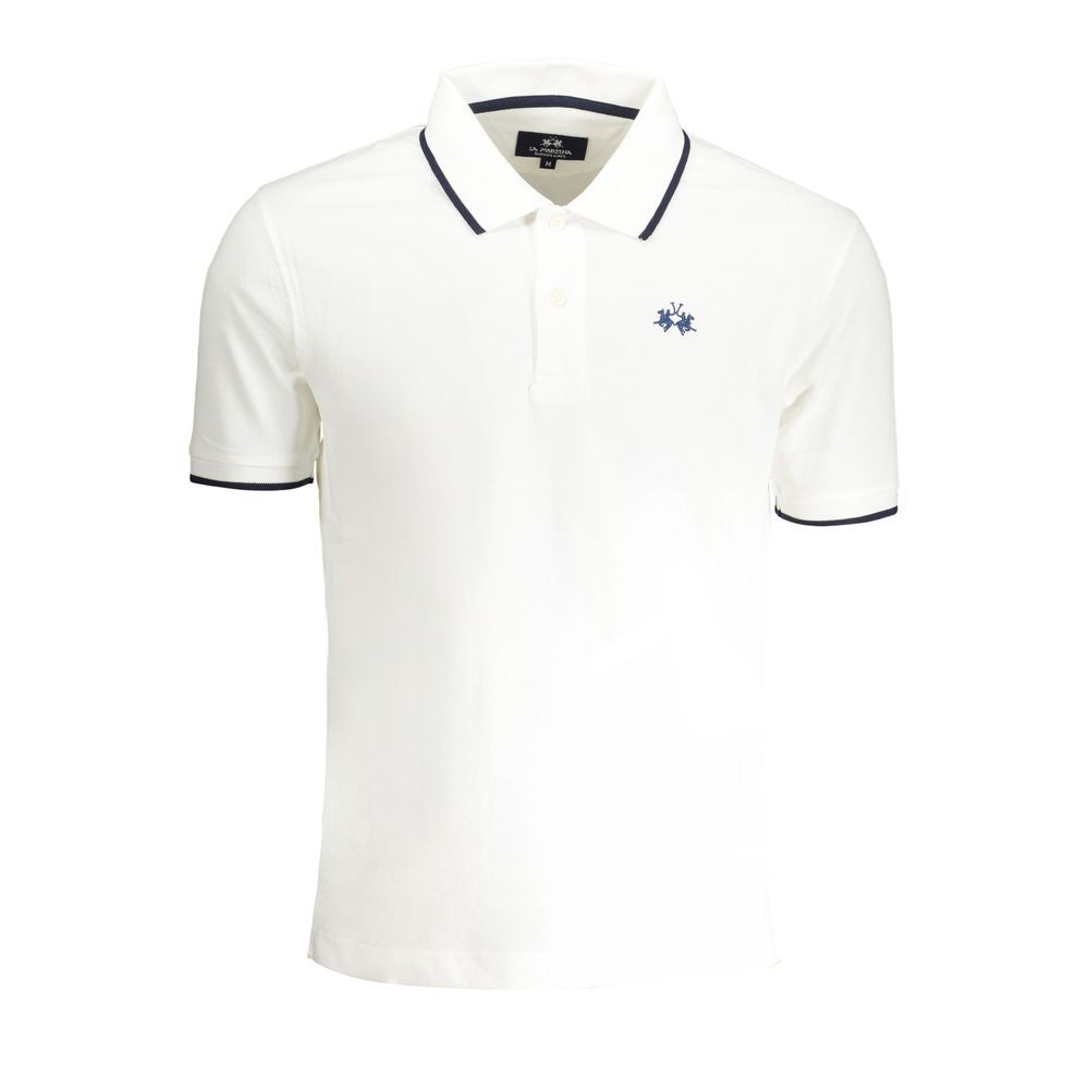La Martina White Cotton Men Polo Shirt with short sleeves, two-button placket, and iconic embroidery for stylish comfort.
