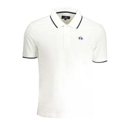 La Martina White Cotton Men Polo Shirt with short sleeves, two-button placket, and iconic embroidery for stylish comfort.