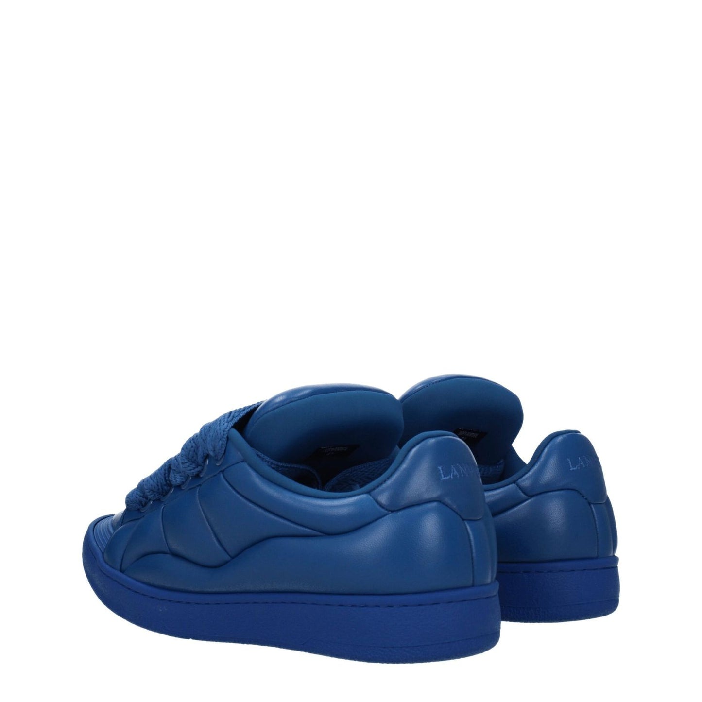 Lanvin Blue Leather Low Top Sneakers with lace-up closure, front and back logos, and round toe, featuring a rubber sole. MPN: FMSKDK0CNAPA2020.