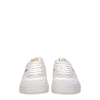 Lanvin White Fabric Low Top Sneakers with front and back logo, lace-up closure, gold accents, and a rubber sole.