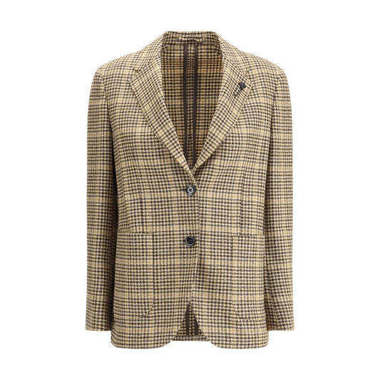 Lardini Beige Wool Blazer featuring houndstooth pattern, single-breasted design, and classic lapel with pin brooch for elegant style.