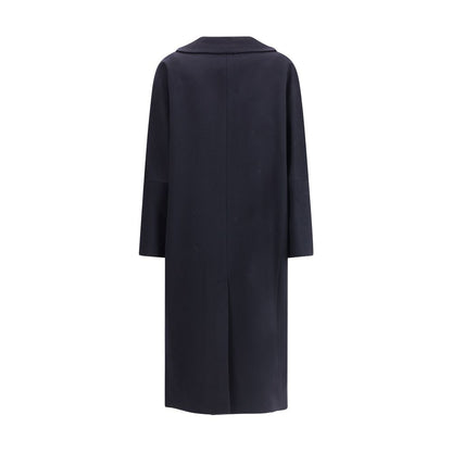 Back view of Lardini Black Cashmere Coat with sleek design, classic lapel, patch pockets, and wide sleeves for a sophisticated look.