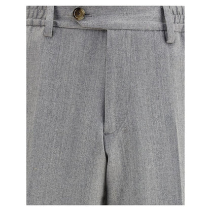 Close-up of Lardini Gray Fleece Wool Chino Pants with button closure and elastic back waistband, showing contemporary elegance and fit.