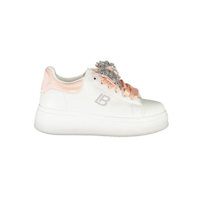 Laura Biagiotti White Synthetic Women Sneaker with rhinestones and 4cm wedge, showcasing luxury and comfort in high-end fashion shoes.