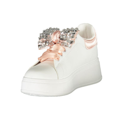 Laura Biagiotti White Synthetic Women Sneaker with rhinestones, lace-up design, and 4cm wedge for stylish comfort.