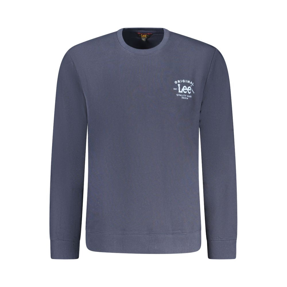 Lee Blue Cotton Men Sweater with long sleeves and crew neckline, featuring a branded logo print for casual style.