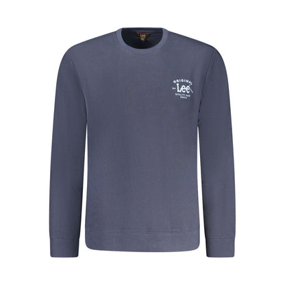 Lee Blue Cotton Men Sweater with long sleeves and crew neckline, featuring a branded logo print for casual style.