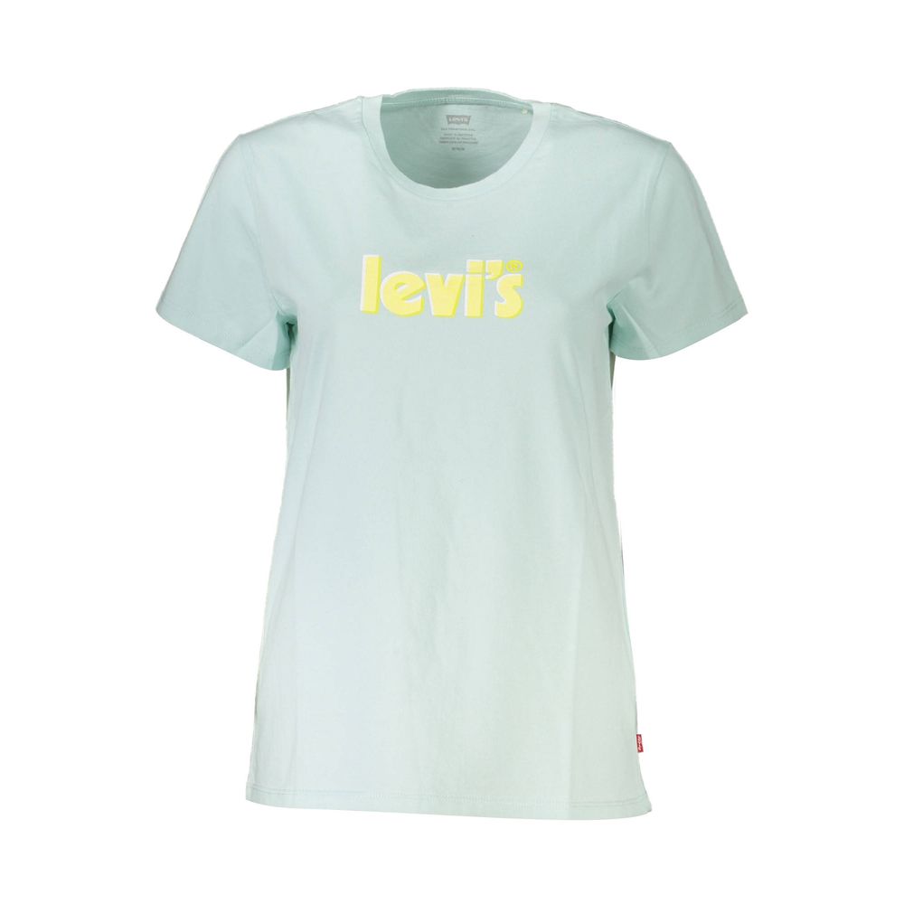 Levi's Blue Cotton Women T-Shirt with bold Levi's logo, short sleeves, and crew neck style for timeless chic and comfort.