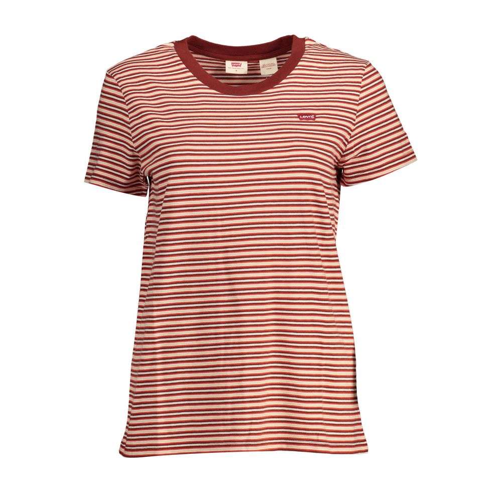 Levi's Red Cotton Women T-Shirt with white stripes and round neck, featuring the iconic Levi’s logo on front, ideal for casual wear.