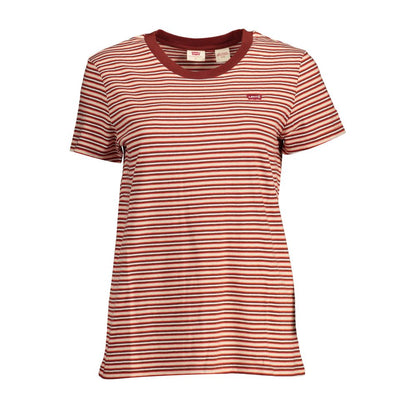 Levi's Red Cotton Women T-Shirt with white stripes and round neck, featuring the iconic Levi’s logo on front, ideal for casual wear.