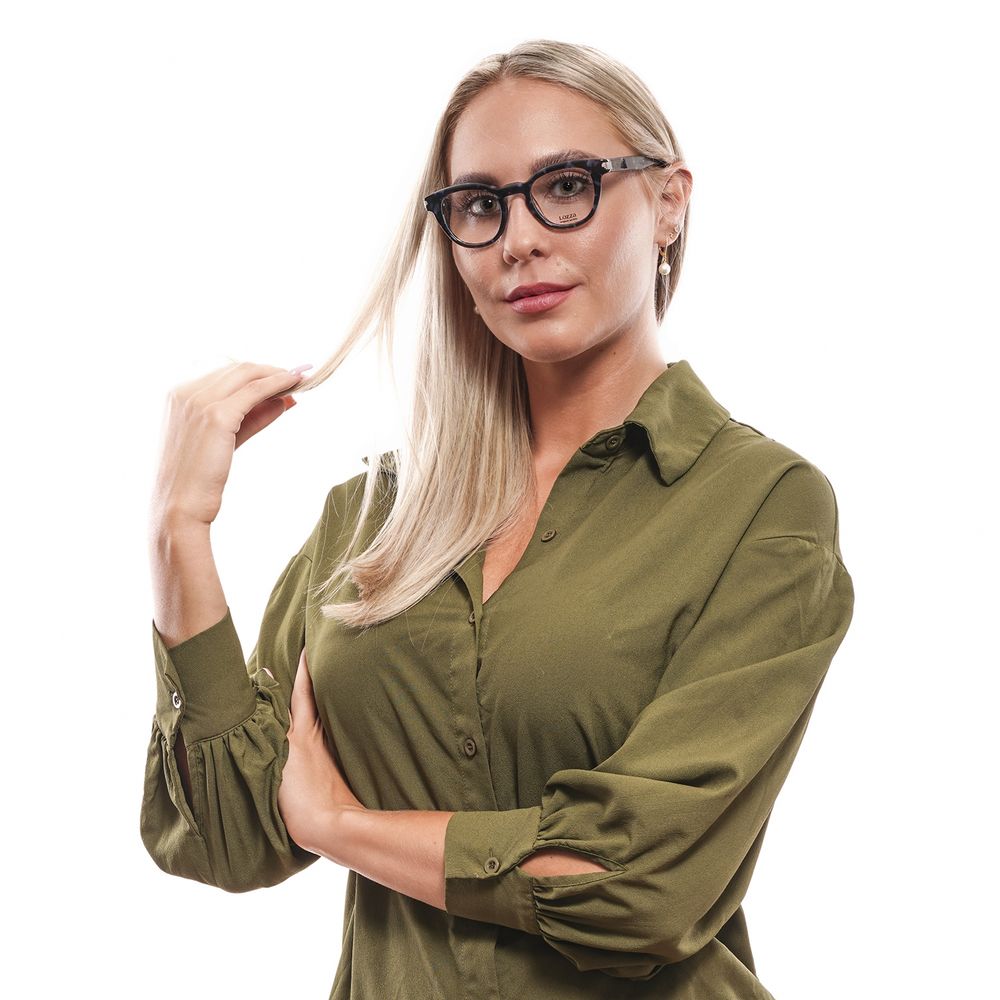Woman wearing Lozza Blue Unisex Glasses Frame with plastic full-rim design, posing in a green shirt.