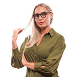 Woman wearing Lozza Blue Unisex Glasses Frame with plastic full-rim design, posing in a green shirt.