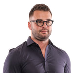 Man wearing Lozza Blue Unisex Glasses Frame in plastic full-rim style, model showcases blue frame, emphasizing 45-22-135 size fit.
