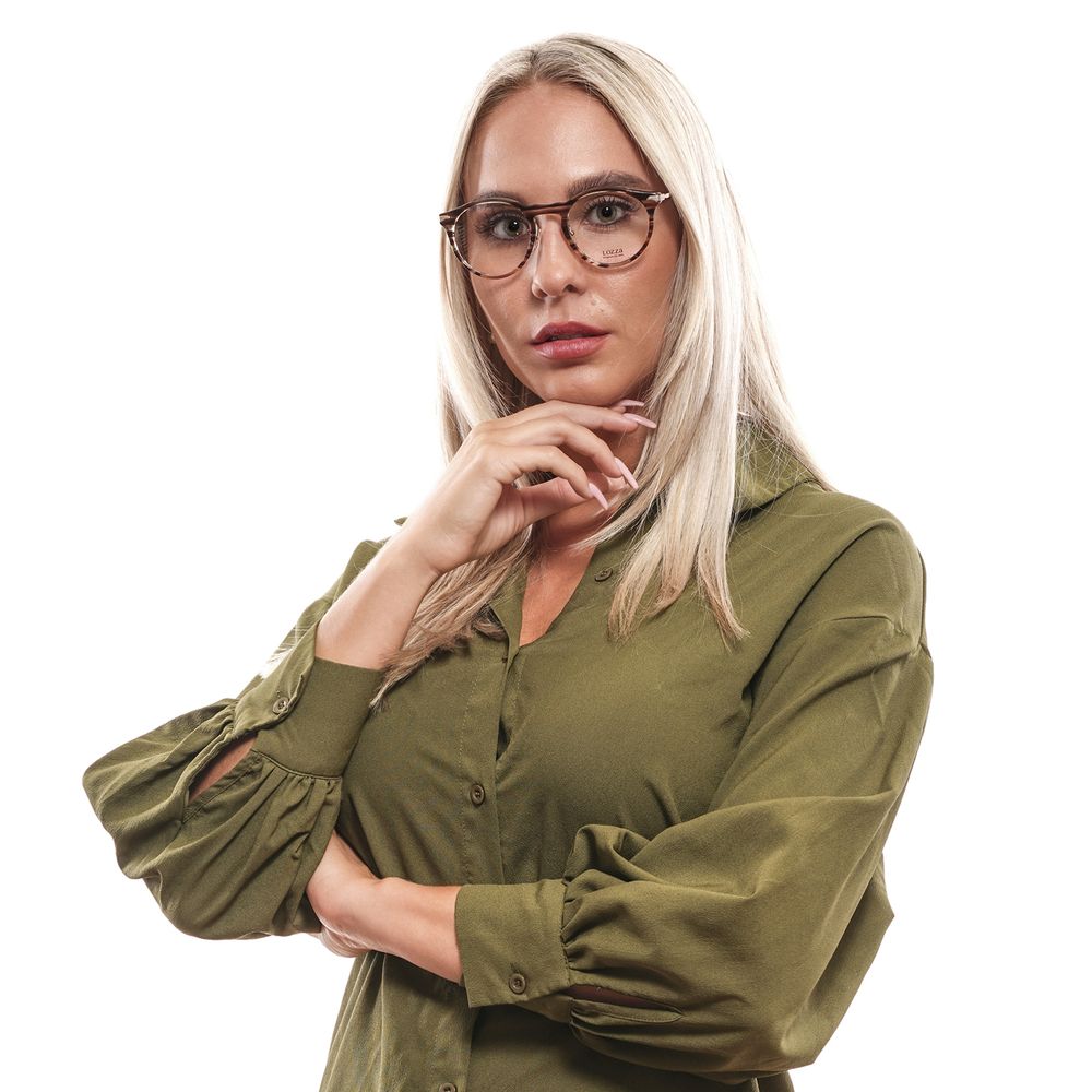 Model wearing Lozza Brown Unisex Glasses Frame, full-rim brown metal and plastic, emphasizing stylish unisex eyewear.
