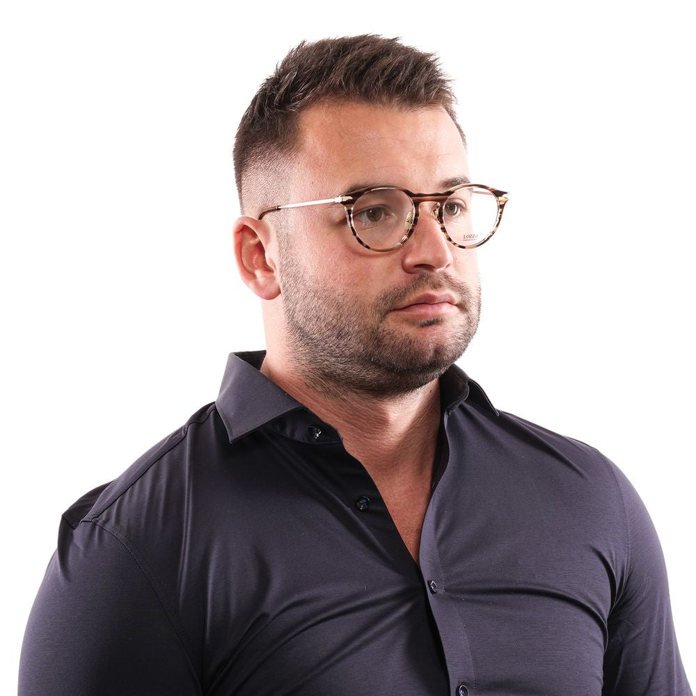Man wearing Lozza Brown Unisex Glasses Frame with metal and plastic materials, full-rim style, in brown color.
