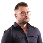 Man wearing Lozza Brown Unisex Glasses Frame with metal and plastic materials, full-rim style, in brown color.