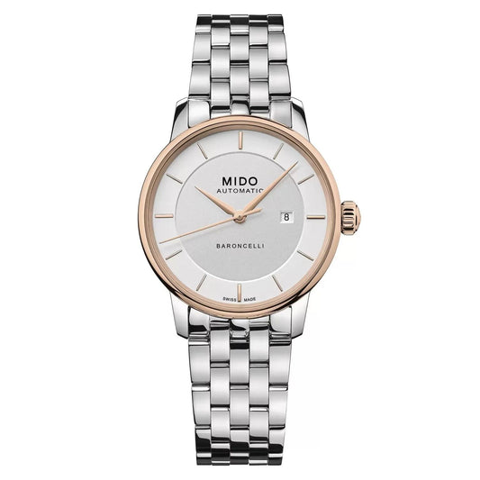 MIDO MOD. BARONCELLI watch with silver and rose gold accents, featuring a date display on a stainless steel bracelet.
