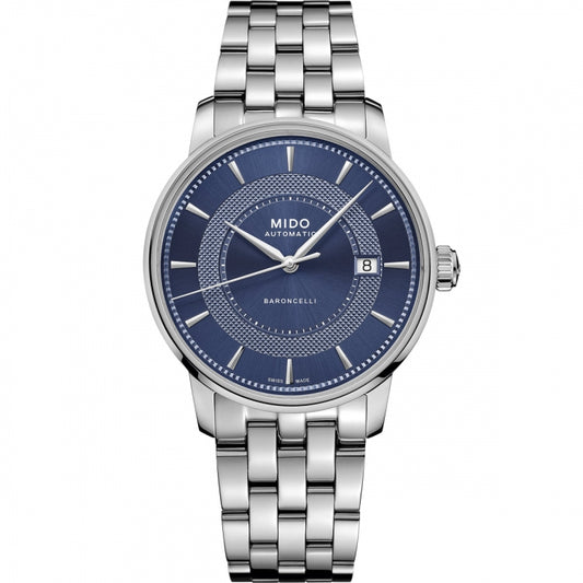 MIDO MOD. BARONCELLI wristwatch with stainless steel case and bracelet, automatic movement, and sapphire dial, 5 ATM water resistance.