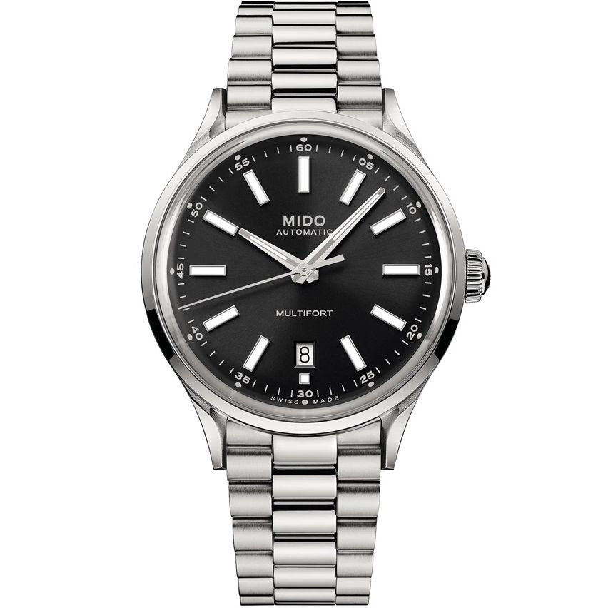 MIDO MOD. MULTIFORT PATRIMONY POWERWIND watch with silver stainless steel band and black dial, classic design with modern features.