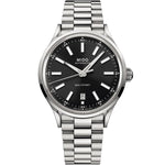 MIDO MOD. MULTIFORT PATRIMONY POWERWIND watch with silver stainless steel band and black dial, classic design with modern features.