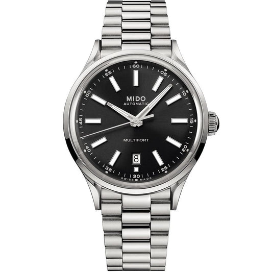 MIDO MOD. MULTIFORT PATRIMONY POWERWIND watch with silver stainless steel band and black dial, classic design with modern features.