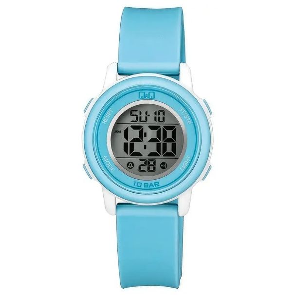 Q&Q Mod. DIGITAL DAY DATA 24H wristwatch for ladies, blue silicone strap, 34mm plastic case, quartz movement, water resistant 10 ATM.