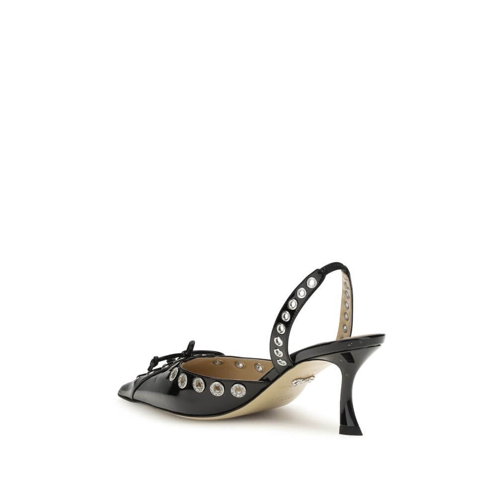 MACH & MACH Black Calf Leather Bos Taurus Lace-Up pump with studs, almond toe, and kitten heel, showcasing a strong feminine style.