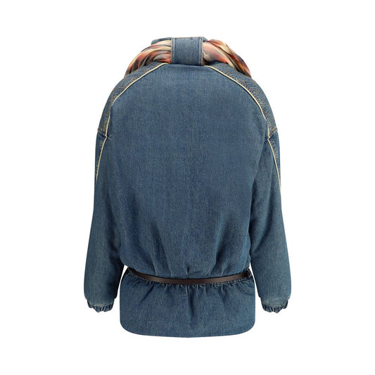 Back view of MARBELL Amy Denim Jacket featuring quilted details, removable scarf and leather belt, perfect for autumn-winter 2025.