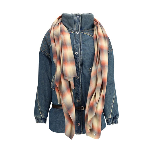 MARBELL Amy Denim Jacket with quilted details, high collar, and removable scarf. Includes leather belt and snap-button closure. Oversize fit.