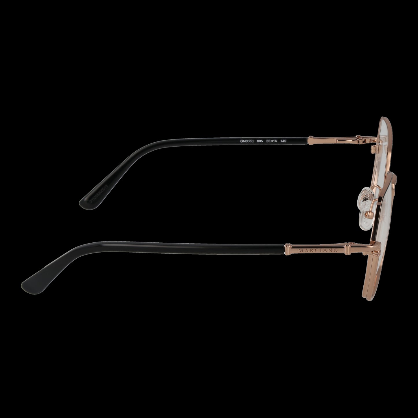 Side profile of MARCIANO BY GUESS MOD. GM0380 55005 lady's eyeglasses with elegant black and gold frame design.
