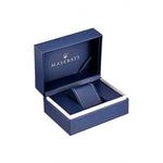 MASERATI Mod. POTENZA wristwatch packaging box in blue, showcasing luxury design and quality assurance.