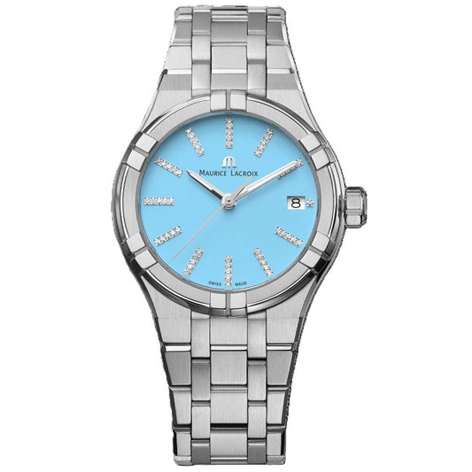 MAURICE LACROIX MOD. AI1106-SS002-450-1 watch with silver stainless steel band and turquoise dial, luxury men's wristwatch.