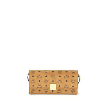 MCM Beige Fabric Wallet with Visetos pattern, metallic logo, and leather strap. Features multiple pockets and card slots. AW25 season.