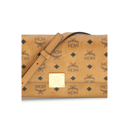MCM Beige Fabric Wallet with Visetos pattern, metallic logo, leather strap, and magnetic closure. Features multiple pockets for AW25.