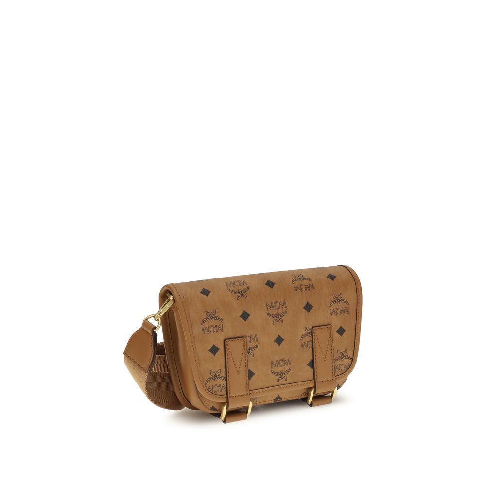 MCM Brown Fabric Shoulder Bag with logo print and rectangular silhouette, elegant front design and calfskin texture.