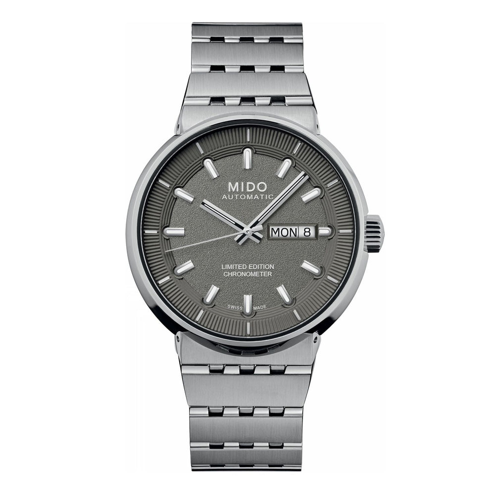 MIDO MOD. ALL DIAL 20TH ANNIVERSARY INSPIRED BY ARCHITECTURE Limited edition watch, silver band, front view.
