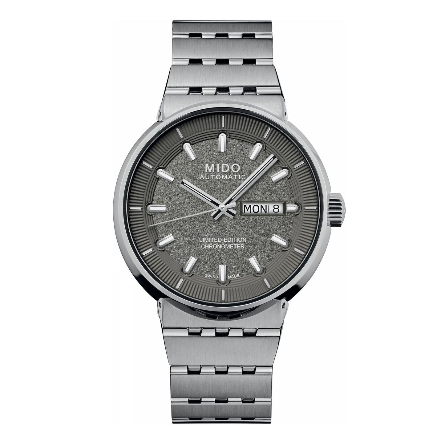 MIDO MOD. ALL DIAL 20TH ANNIVERSARY INSPIRED BY ARCHITECTURE Limited edition watch, silver band, front view.